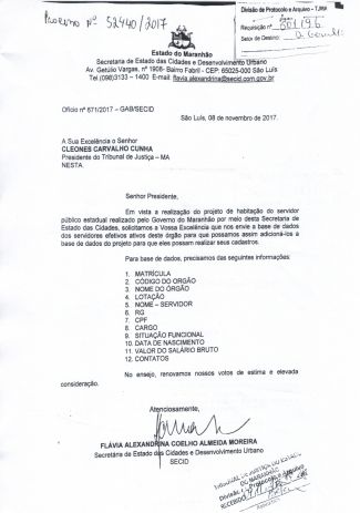 Cópia do ofício da SECID solicitando ao TJMA que repasse os dados dos servidores do Poder Judiciário para inserção na base de dados do Programa de Habitação. Data de 8 de novembro