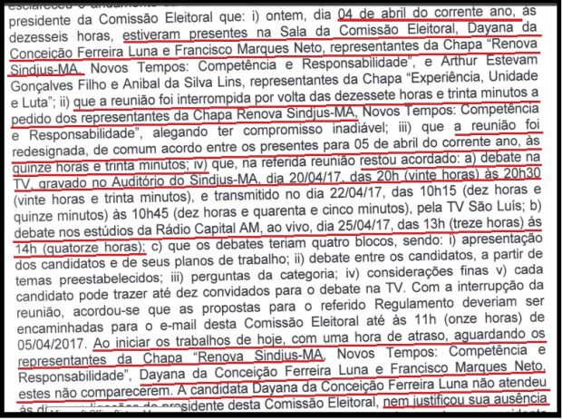 Foto do fragmento da Ata da Comissão Eleitoral que comprova que os candidatos das Chapas estavam comunicados e participaram da primeira reunião sobre os debates.