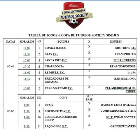 Tabela com os jogos da primeira rodada da I Copa de Futebol Society do SINDJUS/MA
