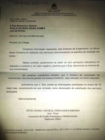 Ofício da juíza Sônia Maria Amaral.