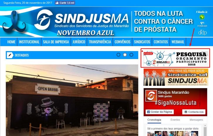 O link da pesquisa fica acima, do lado direito, na página inicial do Portal Sindjus-MA. Se quiser ir direto para o formulario, basta clicar nas imagens desta página