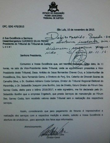 Ofício encaminhado por diretor-geral do TJ-MA à Cleonice Freire revela pagamento à empresa Engetech por serviços não prestados ao Fórum de São Luís.