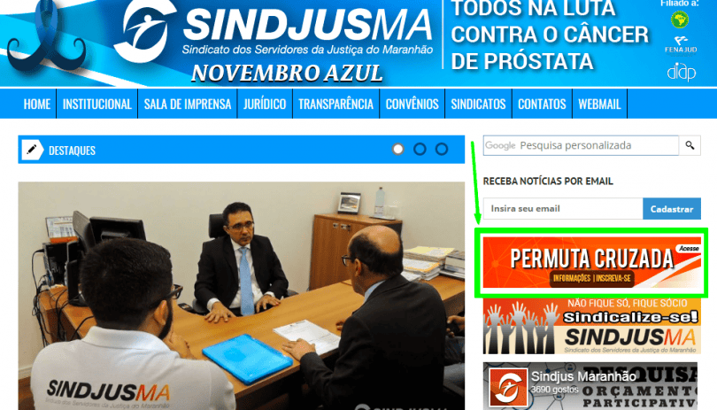 Link para o sistema da permuta cruzada fica do lado direito da página inicial do Portal Sindjus-MA. Na imagem aparece destacado pelas linhas verdes